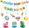 Glittery Goodbye School Hello Pool Banner with Colorful Sunglasses Slippers Flamingo beach ball Signs End of School Year Summer Vacation Banner Garland Beach Pool Splash Bash Summer Party